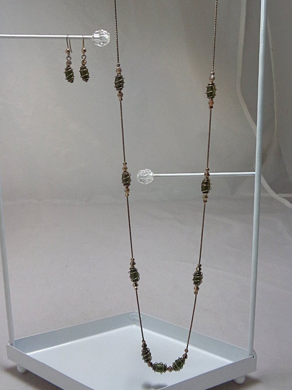 Vintage 29" Necklace Wire Wrapped Gray Green Beads with Matching Earrings